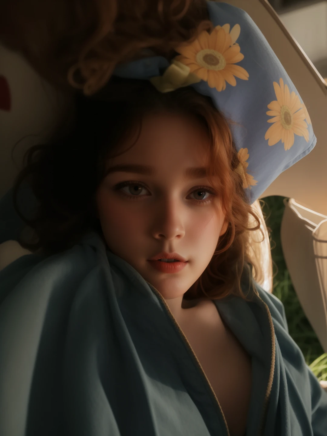 (girl:1.2),alone, (long ginger curly hair:1.1), brown eyes, Wearing a daisy wreath on your head, Sit in a daisy field, (fruit basket:1.1), blue shorts, red shirt,,raw,photographic,photo shadows,actual,Ridiculous,Aesthetic,elegant