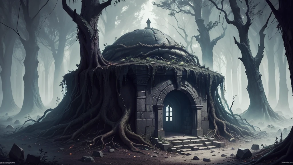 ancient forgotten catacomb, buried beneath the roots of a haunted forest. Utilize a dark fantasy art style with a dark, desaturated color palette. The view must be isometric, showing all the architectural details and RPG-style setting