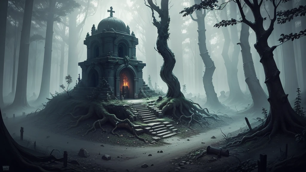 ancient forgotten catacomb, buried beneath the roots of a haunted forest. Utilize a dark fantasy art style with a dark, desaturated color palette. The view must be isometric, showing all the architectural details and RPG-style setting