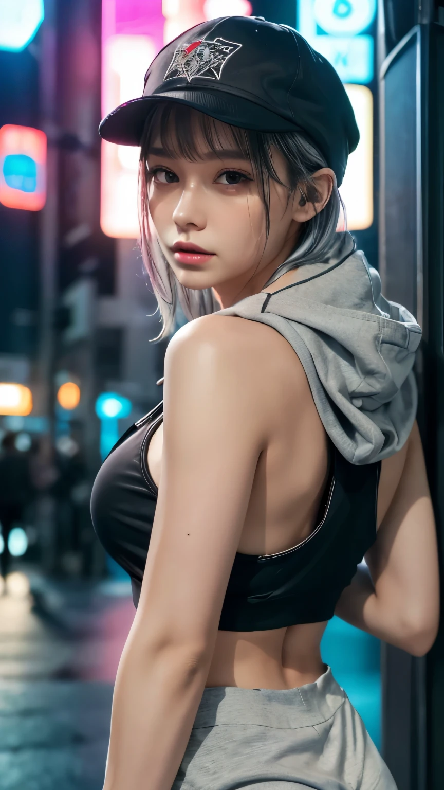 masterpiece, Highest quality, Very detailed, 8k, Realistic, One Girl, alone, Tomboy, Very detailed face, (head shot:1.5), Cyberpunk neon lit futuristic city、Neon lights illuminate the scene, at night, Cyberpunk art, 32K, Ultra HD, Unreal Engine Rendering, Cinema Lighting,Pixie cut white hair, He is wearing a short tank top and an open-zipped hoodie.....,I can see your chest,Nice ass,Wear a New Era cap