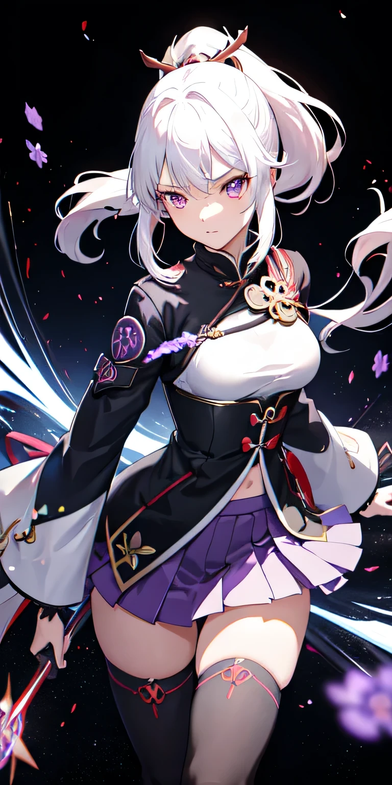 1girl, japanese clothes, ponytail ,white hair, purple eyes, magic circle, blue fire, blue flames, wallpaper, landscape, blood, blood splatter, depth of field, night, light particles, light rays, sidelighting, thighs, fate \(series\), genshin impact, ****, open jacket, skirt, thighhighs, cloud