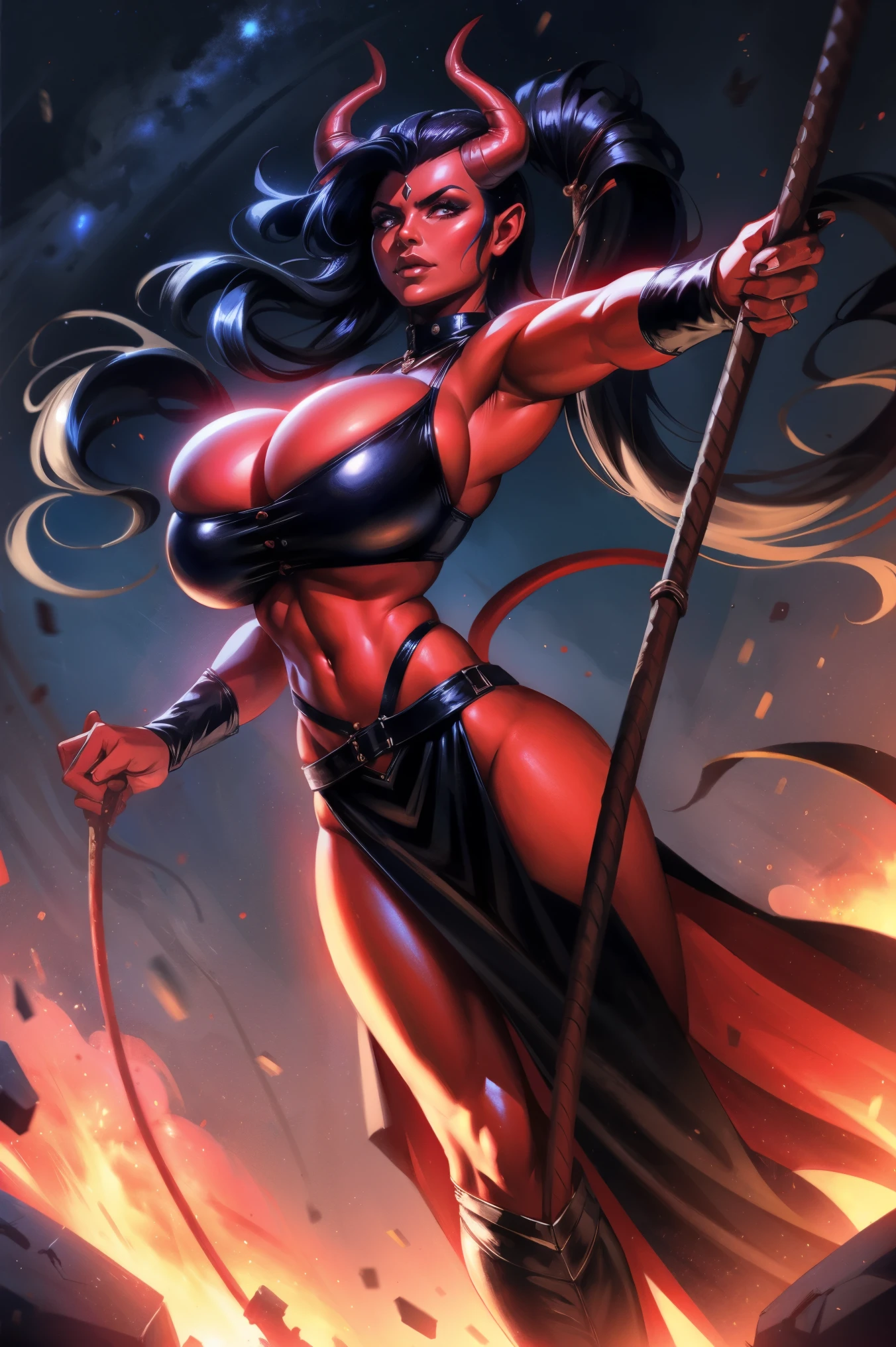 Red skin succubus tiefling, medium breasts, black horns, wings, huge tail, black leather, crop top, long flowing pelvic curtain, tall, toned, graceful, thin, long black ponytail. Action scene, whip. Dark scene, explosions, night sky.