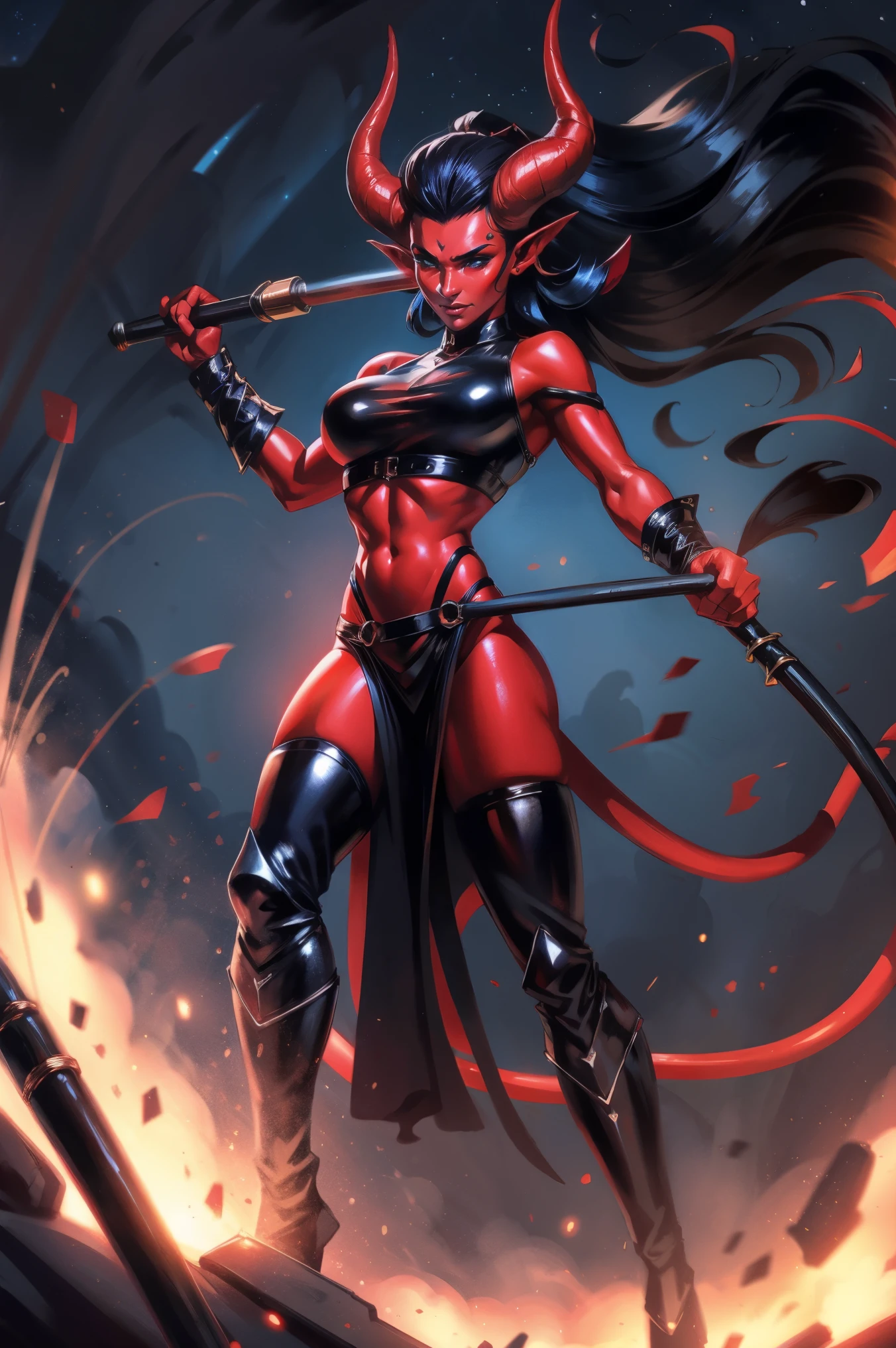 Red skin succubus tiefling, medium breasts, black horns, wings, huge tail, black leather, crop top, long flowing pelvic curtain, tall, toned, graceful, thin, long black ponytail. Action scene, whip. Dark scene, explosions, night sky.
