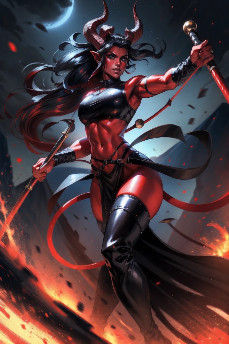 Red skin succubus tiefling, medium breasts, black horns, wings, huge tail, black leather, crop top, long flowing pelvic curtain, tall, toned, graceful, thin, long black ponytail. Action scene, whip. Dark scene, explosions, night sky.