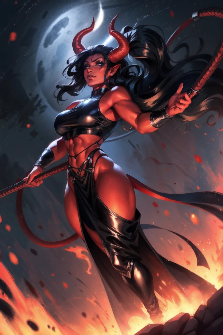 Red skin succubus tiefling, medium breasts, black horns, wings, huge tail, black leather, crop top, long flowing pelvic curtain, tall, toned, graceful, thin, long black ponytail. Action scene, whip. Dark scene, explosions, night sky.