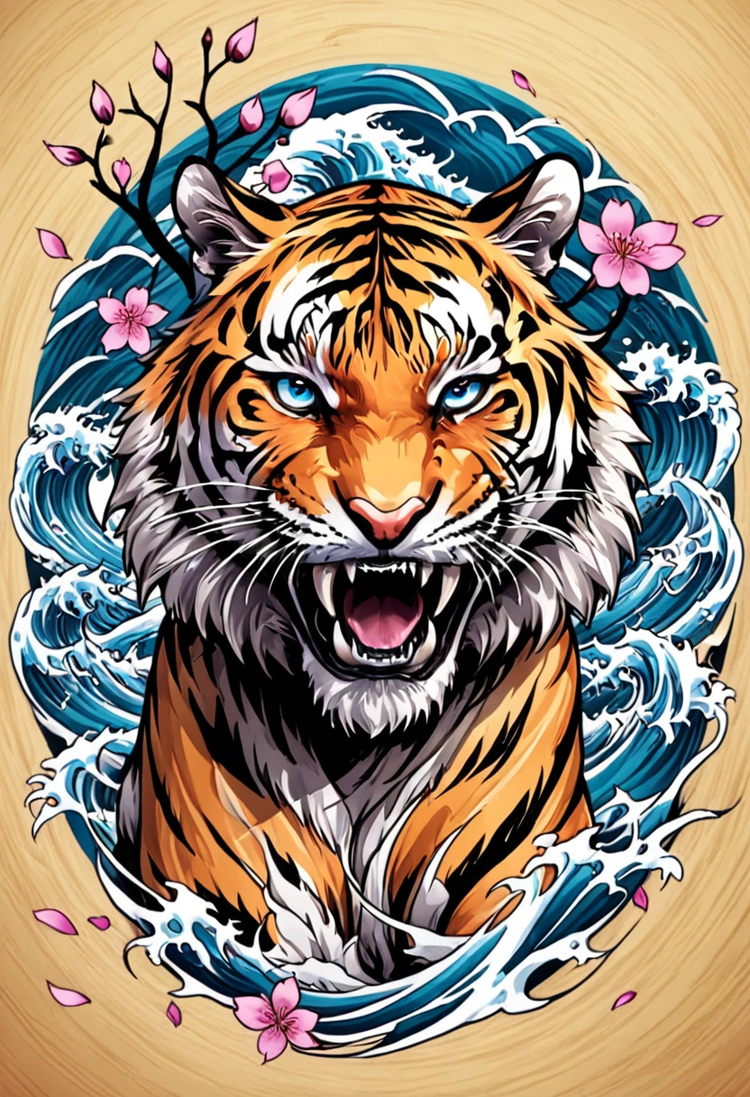 1 tiger, Traditional Japanese tattoo design, realistic tattoo art of Orange tiger with (((Blue eyes))) with pink sakura petal effect ,he is with open mouth looking very fierce and very angry, the background is Japanese wave tattoo, (Unity 16K Wallpaper, masterpiece, Best Quality, high quality, Ultra-detailed, extremely details), a tattoo design, realistic tattoo art of Orange tiger with (((Blue eyes))) with pink sakura petal effect ,he is with open mouth looking very fierce and angry, the background is Japanese wave tattoo, scratching the viewer with fierce claw,  
