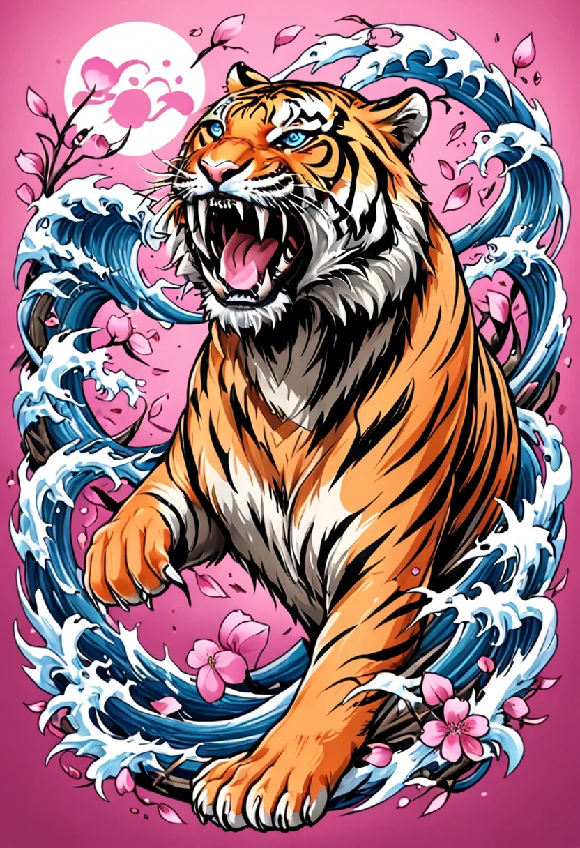 1 tiger, Traditional Japanese tattoo design, realistic tattoo art of Orange tiger with (((Blue eyes))) with pink sakura petal effect ,he is with open mouth looking very fierce and very angry, the background is Japanese wave tattoo, (Unity 16K Wallpaper, masterpiece, Best Quality, high quality, Ultra-detailed, extremely details), a tattoo design, realistic tattoo art of Orange tiger with (((Blue eyes))) with pink sakura petal effect ,he is with open mouth looking very fierce and angry, the background is Japanese wave tattoo, scratching the viewer with fierce claw,  
