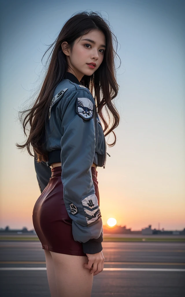 (best quality, 8K, 32K, masterpiece, Ultra HD:1.2), (Practical:1.5), (masterpiece, Highly detailed CG Unity 8K wallpaper, best quality, high resolution:1.2), (Very detailed, Ultra HD:1.2), Photo of extremely cute and beautiful Japanese Miss, (Maroon with long wavy hair:1.2), aldult, (Detail of beautiful girl:1.4), best quality, Miss, aldult, (U.S. Air Force pilot details:1.5), (Bomber Jacket:1.3), (High Waist Pencil Mini Skirt:1.3), (Beautiful sunset US air force base runway landscape background:1.2), (A-10、F-18、Air Force aircraft)Laugh shyly:1, Looking at the audience, For the audience, ((Perfect Miss'body of)), (Tight waist:1.2), (Image of the entire body from the knees up:1.3), Thin, Abdominal muscles, (Beautiful breasts:1.25), Assembling the head, wind, Dynamic poses, light, Backlight, Beautifully dressed, Perfect anatomical structure, Perfect proportion, Detailed human body, Fashion model in sexy pose,Soft expression、Smile、Sexy split thighs and beautiful legs、A sneak peek of Abdominal muscles、I saw she was not wearing any underwear. , There is also the Myanmar flag and Myanmar airplane.