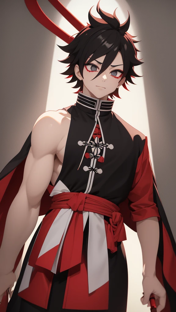Make me an anime character who is a man with short white hair and is dressed as a kimetsu no yaiba with a black and red haori,white skin with a combined katana 