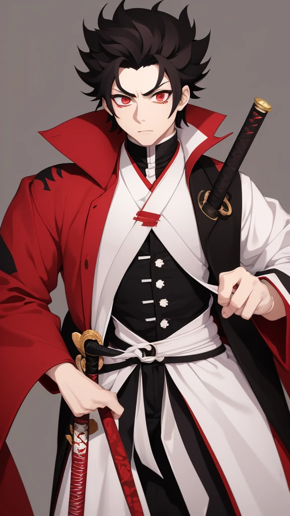 Make me an anime character who is a man with short white hair and is dressed as a kimetsu no yaiba with a black and red haori,white skin with a combined katana