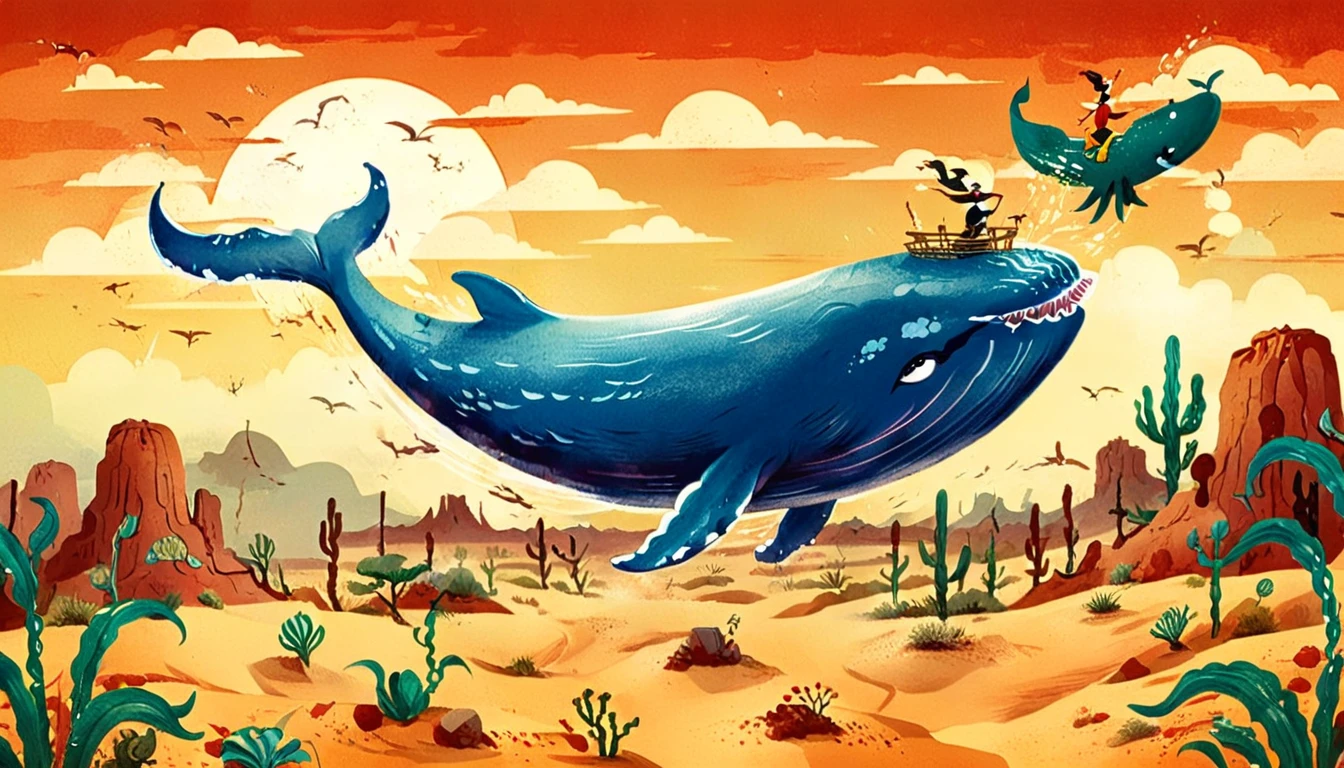 Whale flying over the desert、EdobHorrorLandscape、Children's Illustration Style、vintage comic book