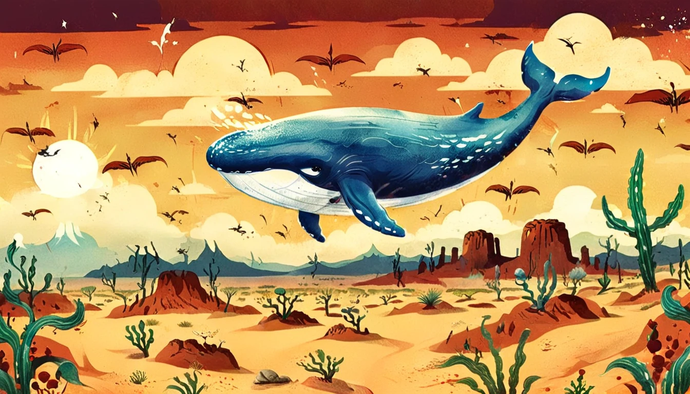 Whale flying over the desert、EdobHorrorLandscape、Children's Illustration Style、vintage comic book