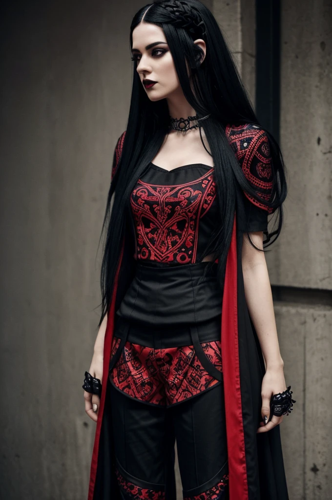 The character has a pale white face and wears an elaborate outfit. The hair is long, black with red highlights, and styled in a way that gives it volume. The outfit consists of a black top with intricate red designs and black, wide-legged pants with subtle patterns. The overall appearance is dark and stylish, resembling a gothic or punk aesthetic.