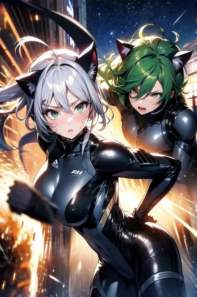A silver-haired beautiful girl with cat ears eyes are green hair is silver and long clothes: a form-fitting black combat suit The fist is an afterimage The background is a city at night her is in a cat-like fighting pose The year is 14 years monitor, Dark Night, Sweat, Steam of Exhalation, Space, Battle, Dynamic Angle one girl