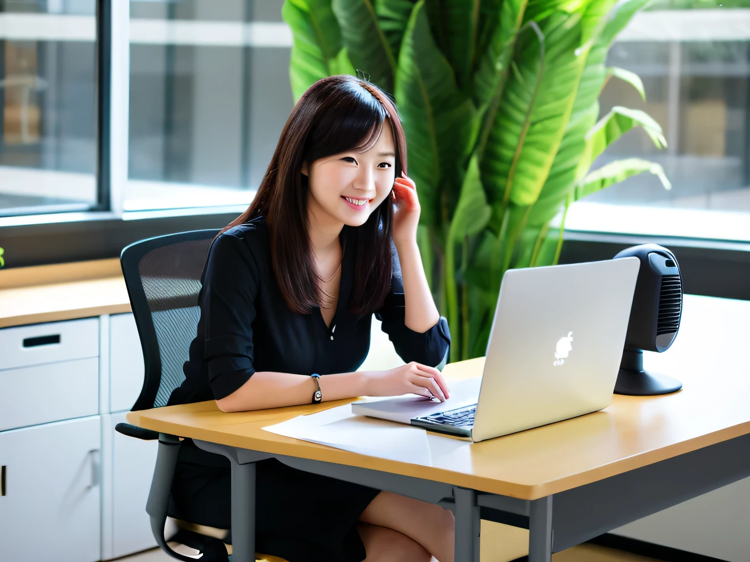 30-year-old female, Semi-long hair, Casual clothing, white blouse and jeans, Casual office, desk, Working on a computer, smile, Modern office chair, ウッドdesk, Foliage plant, Natural light from the window