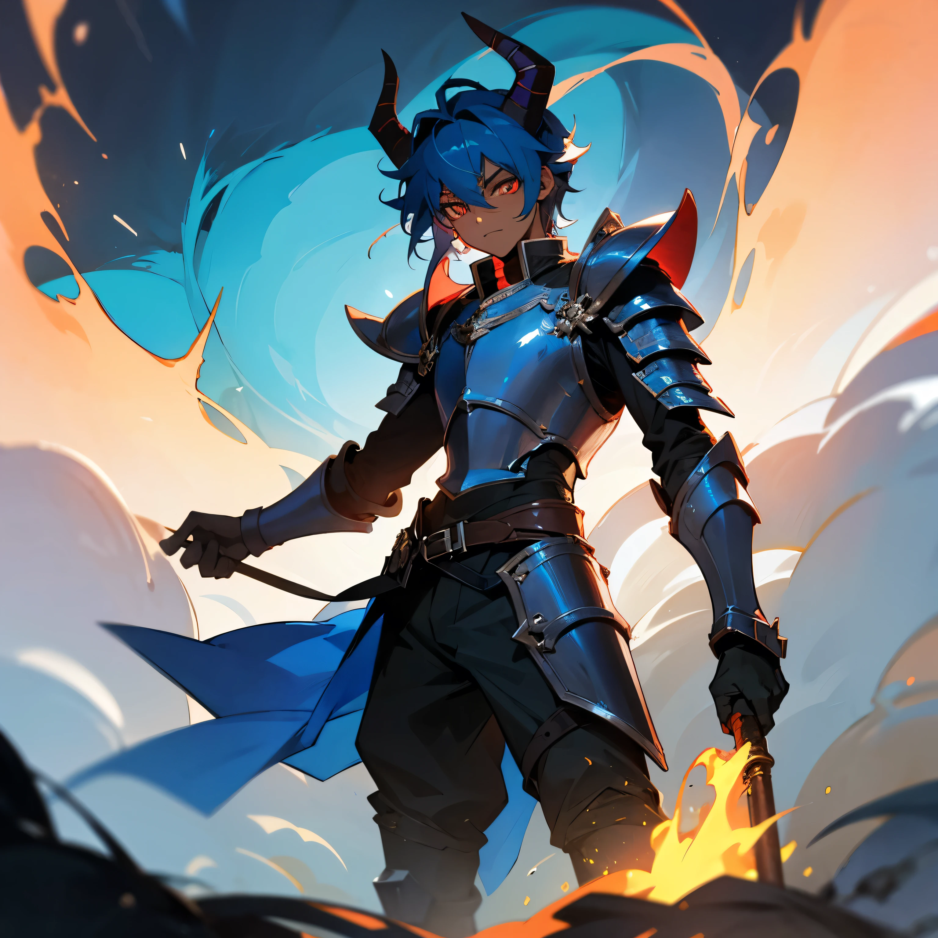 A 15 year old dark skinned man with short messy blue hair in armor with demonic horns on his head wearing a fire hurricane in his hand 