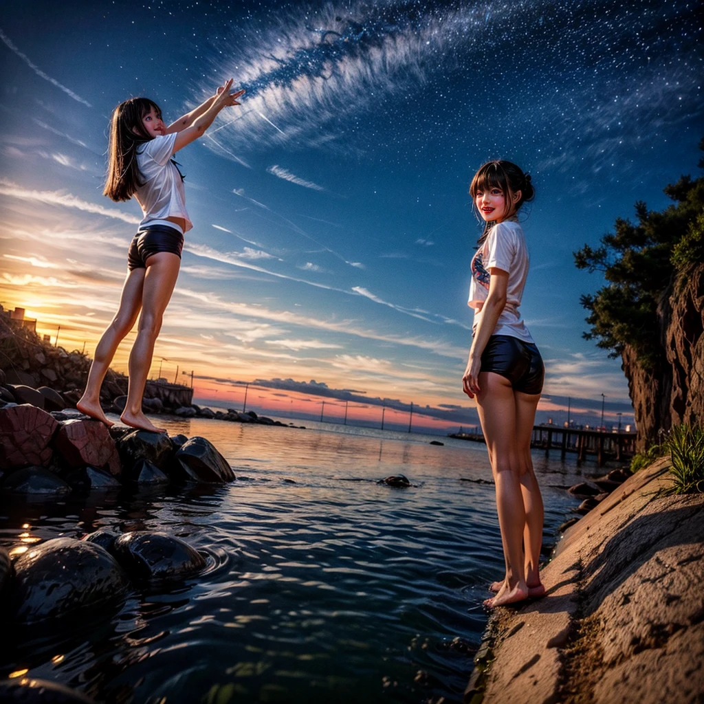  Masterpiece of ProfessionalPhoto ((ExtremelyDetailed (12 PICHIPICHI KAWAII Girls Floating in The Air in a row:1.37) in WHITE at Dusk Enoshima Beach)), {(Standing Full Body:1.2)|(from below:1.2)|Detailed KAWAII face}, Different types of hair colors, {(skinny(school swimwear))|(SchoolUniform)with Tiny AthleticShorts}, {(Corrected Childish hand)|Hidden hand|Different types of breasts|(Clearly Visible the shape of Butt)}, Joyful Expressions LifeLike Rendering, Detailed clothing texture, PerfectLighting, (Dazzling Horizon Visible through ThighGap), (Starry IridescentParticles:1.22) ColorfulClouds