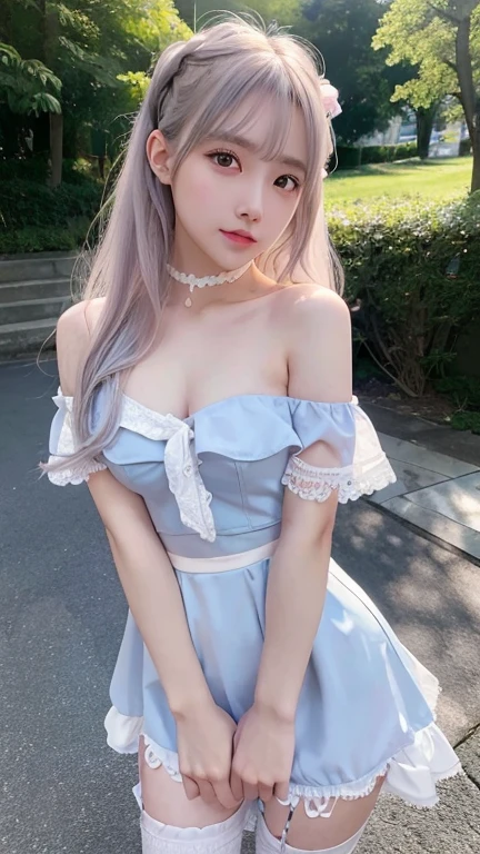 ((whole body))、blush,Long white hair、(White and light blue gothic lolita fashion),choker,loafers、Street,(8k, RAW Photos, Highest quality, The pieces fly:1.2), (reality, Realistic:1.4), (非常に詳細な8k壁紙),  Sharp focus, Depth of written border, Cinema Lighting, Soft Light, Detailed beauty eyes,Asymmetrical bangs, Glowing Skin, Highly detailed skin ,High resolution, Attention to detail, Detailed hairstyle, Detailed beauty face, Hyper Real, Perfect limbs, Perfect Anatomy ,1 Japanese girl,Famous Japanese Idols, Perfect female body,A shy smile,Long eyelashes,double eyelid,Look straight here,Off the shoulder,Street,Stand up straight and face me,,look straight at me,,Small breasts