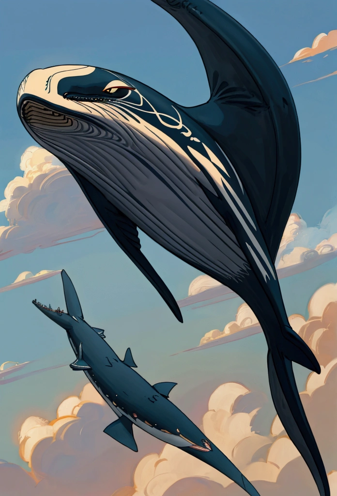 1whale, killer whale, flying in the clouds, fantasy art, digitally manipulated, super detailed, peacefully, UHD