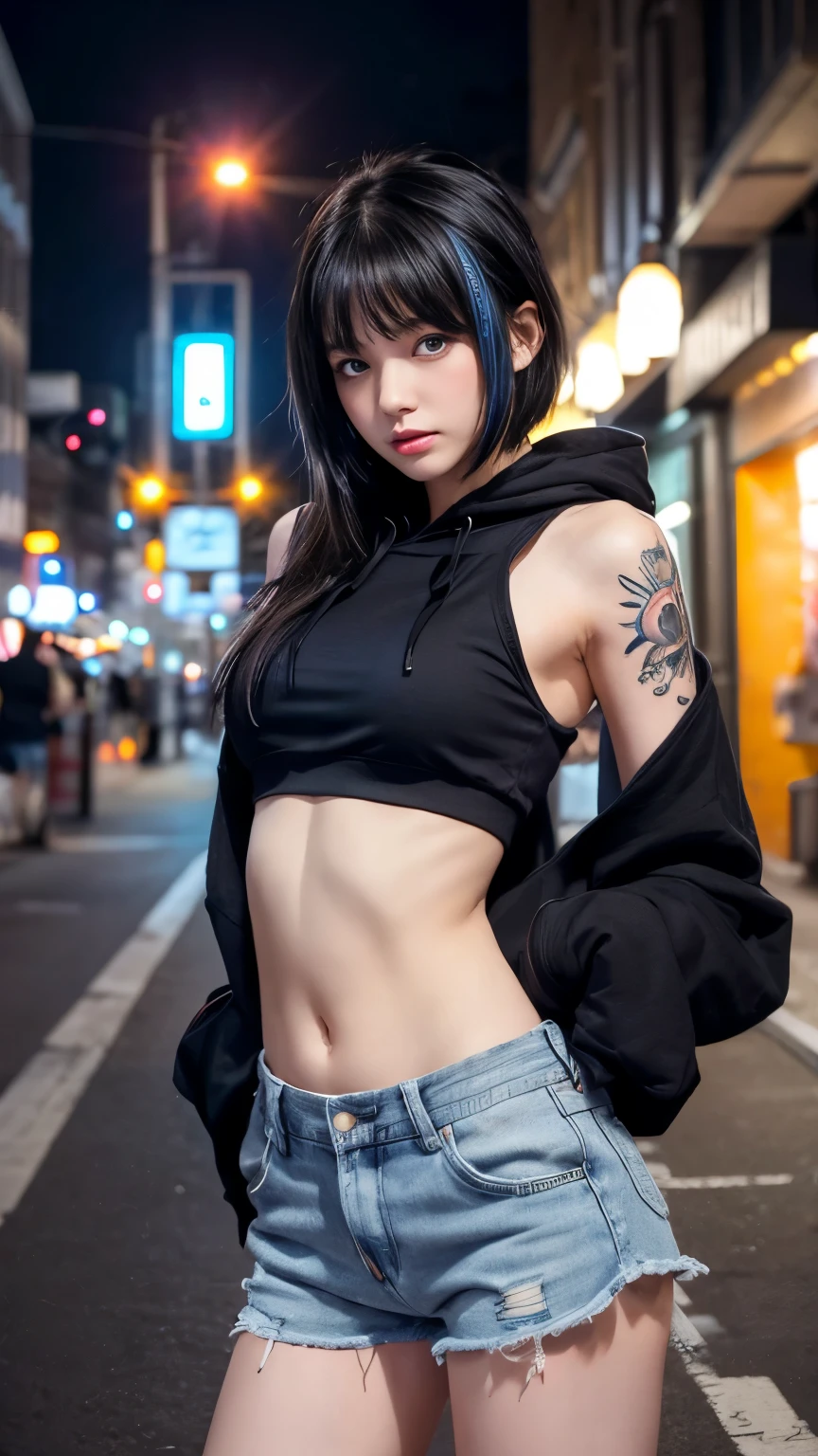 High resolution、1 female、girl、Black Hair、short hair、Slanted Eyes、blue eyes、thin、hoodie、fur、Tank top、Shorts、belly button、Tattoo stickers、Night view