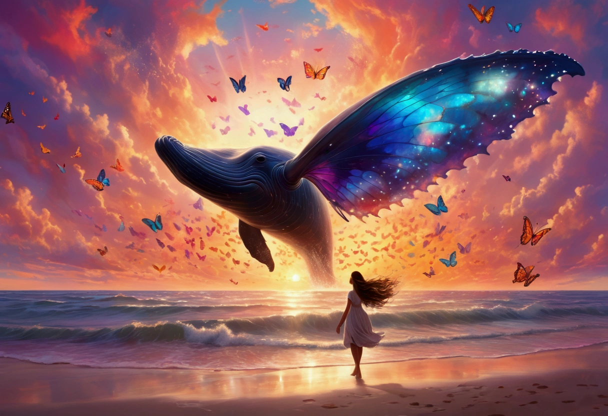 A whale flies through dreamy skies, it has 3 sets of enormous colorful butterfly wings, a cute woman lies on the beach watching its majestic flight
