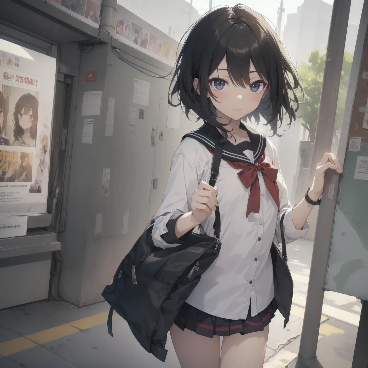 ultra-absurdres-Top quality by artist God, ultra-detailed, high resolution, anime moe artstyle, best anime 8k konachan wallpaper, pixiv contest winner, pool:2810, perfect anatomy,break, 1girl, (Please draw a girl walking sleepily to school alone. )break,(Solo,little female, 13-year-old:1.3),Full limbs, complete fingers,a junior high school student, (very short hair), short cut, flat chest, , small butt, small black eyes, beautiful detailed eyes, well-proportioned iris and pupils, expressive eyes, highres detailed hair, soft expression, salor school_uniform, sailor collar, serahuku, bow, pleated skirt,(Detailed Lighting), (Detailed background), in the School commute route. break,super detailed skin, Best cinematic lighting powered by famous artist, 8k,beauty illustration,photoshop_(medium),very aesthetic,break,((artist:yuuhagi_(amaretto-no-natsu) )), artist:clamp ,artist:carnelian ,artist:kantoku ,