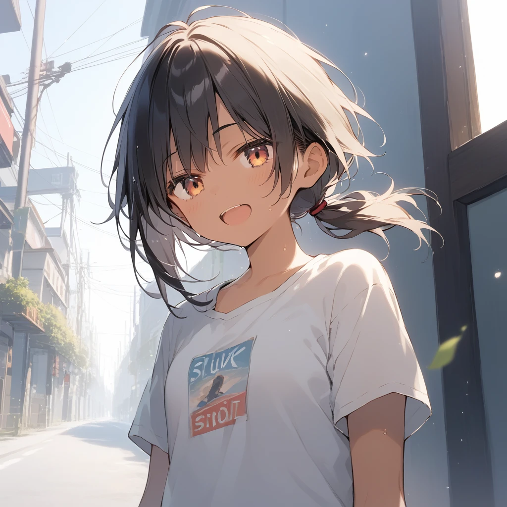score_9, score_8_up, score_7_up, source_anime, best quality, masterpiece, official art, absurdres, highres, ultra-detailed,waifu2x,Collection: Slice of Life,break,1girl, tomboy, dark-skinned female, short hair, low ponytail, small breasts, beautiful detailed eyes, short shorts, sweat, open mouth, (yawn:0.3), sleepily, outdoors, wind,break,(clear line illustration:1.2), super detailed skin,very high resolution, very aesthetic, Best sexual lighting powered by famous artist, 8k,cute picture,beauty illustration,photoshop_(medium),,(Detailed Lighting),best anime 8k konachan wallpaper, pixiv contest winner, 