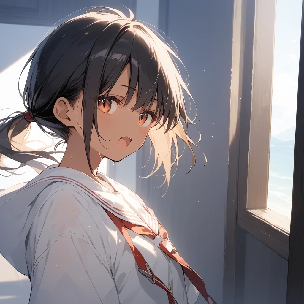 score_9, score_8_up, score_7_up, source_anime, best quality, masterpiece, official art, absurdres, highres, ultra-detailed,waifu2x,Collection: Slice of Life,break,1girl, tomboy, dark-skinned female, short hair, low ponytail, small breasts, beautiful detailed eyes, short shorts, sweat, open mouth, (yawn:0.3), sleepily, outdoors, wind,break,(clear line illustration:1.2), super detailed skin,very high resolution, very aesthetic, Best sexual lighting powered by famous artist, 8k,cute picture,beauty illustration,photoshop_(medium),,(Detailed Lighting),best anime 8k konachan wallpaper, pixiv contest winner, 