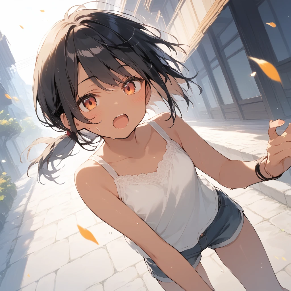 score_9, score_8_up, score_7_up, source_anime, best quality, masterpiece, official art, absurdres, highres, ultra-detailed,waifu2x,Collection: Slice of Life,break,1girl, tomboy, dark-skinned female, short hair, low ponytail, small breasts, beautiful detailed eyes, short shorts, sweat, open mouth, (yawn:0.3), sleepily, outdoors, wind,break,(clear line illustration:1.2), super detailed skin,very high resolution, very aesthetic, Best sexual lighting powered by famous artist, 8k,cute picture,beauty illustration,photoshop_(medium),,(Detailed Lighting),best anime 8k konachan wallpaper, pixiv contest winner, 