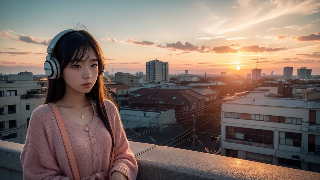 Hyper realistic 8K image of a nostalgic summer sunset scene. Beautiful 25-year-old Japanese woman with delicate facial features, listening to music through headphones. She stands alone in the golden hour light. Photorealistic details of her face, hair, and summer outfit. Background shows a Japanese urban landscape at dusk with realistic buildings and cloud formations. Warm, orange and pink hues dominate the sky. Capture a sense of nostalgia, solitude, and beauty. Ultra-high resolution with lifelike textures and lighting.