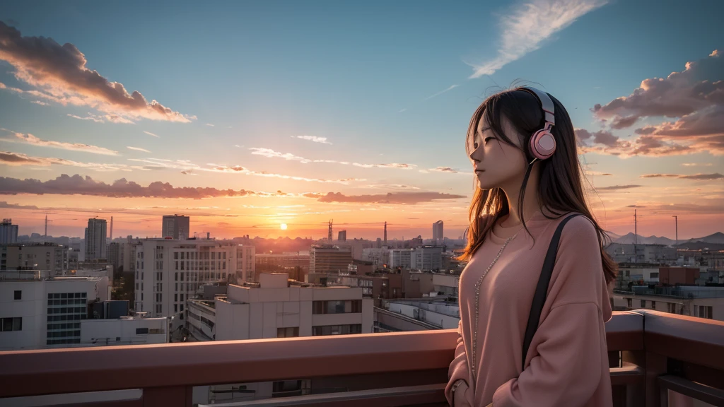 Hyper realistic 8K image of a nostalgic summer sunset scene. Beautiful 25-year-old Japanese woman with delicate facial features, listening to music through headphones. She stands alone in the golden hour light. Photorealistic details of her face, hair, and summer outfit. Background shows a Japanese urban landscape at dusk with realistic buildings and cloud formations. Warm, orange and pink hues dominate the sky. Capture a sense of nostalgia, solitude, and beauty. Ultra-high resolution with lifelike textures and lighting.