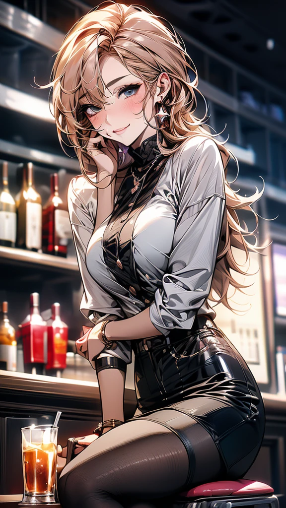 anime girl with big boobies drinking a glass of wine, with a drink, seductive anime girl, at a bar, drinking at the bar, in a bar, holding a drink, sitting at the bar, drinking beer, anime girl drinks energy drink, beautiful alluring anime woman, in a pub, sultry smirk, anime visual of a cute girl