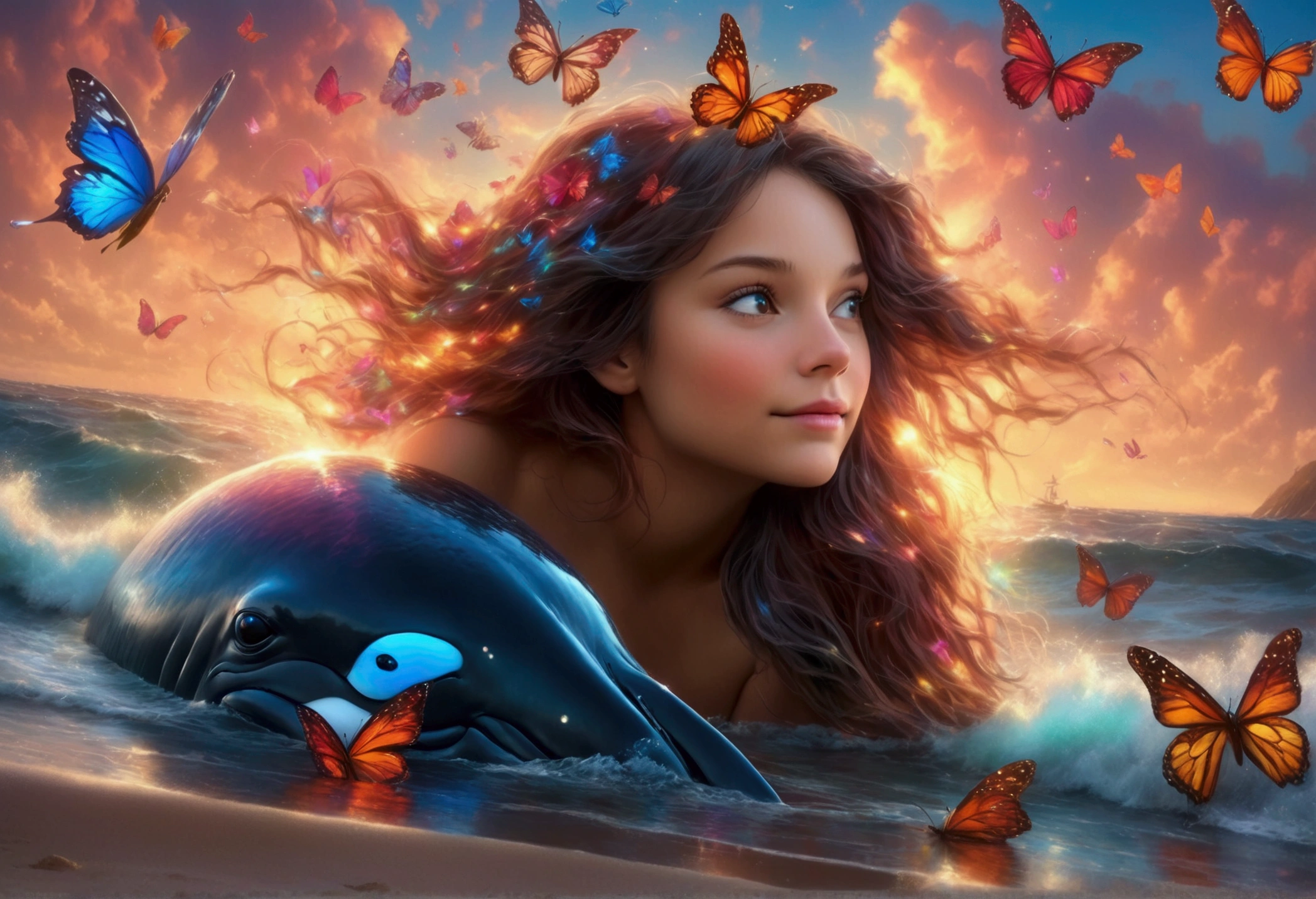 A whale with 3 sets of enormous colorful butterfly wings, flying through dreamy skies, a cute woman lying on the beach watching its majestic flight, best quality, 4k, 8k, highres, masterpiece:1.2, ultra-detailed, realistic, photorealistic, photo-realistic:1.37, HDR, UHD, studio lighting, ultra-fine painting, sharp focus, physically-based rendering, extreme detail description, professional, vivid colors, bokeh, fantasy, surreal, dreamlike, enchanting, magical, whimsical, vibrant colors
