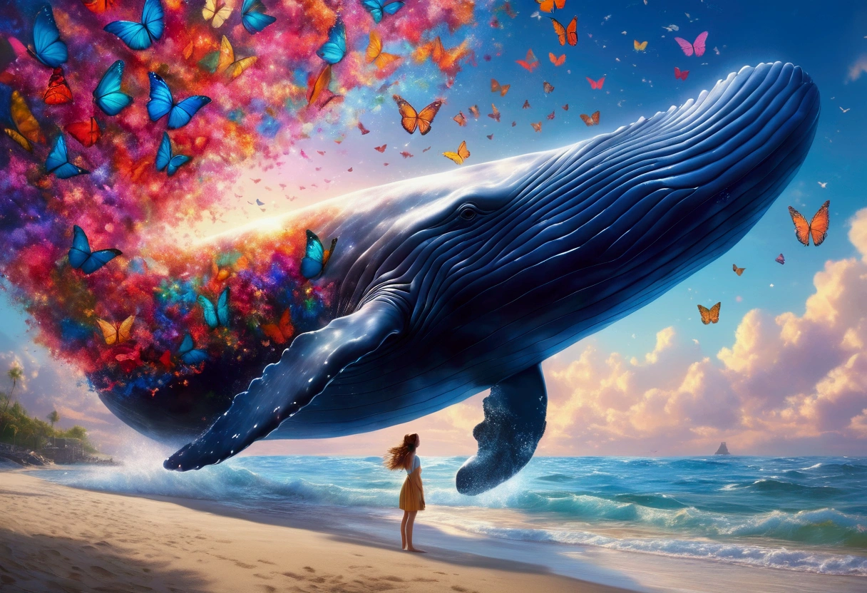 A whale with 3 sets of enormous colorful butterfly wings, flying through dreamy skies, a cute woman lying on the beach watching its majestic flight, best quality, 4k, 8k, highres, masterpiece:1.2, ultra-detailed, realistic, photorealistic, photo-realistic:1.37, HDR, UHD, studio lighting, ultra-fine painting, sharp focus, physically-based rendering, extreme detail description, professional, vivid colors, bokeh, fantasy, surreal, dreamlike, enchanting, magical, whimsical, vibrant colors