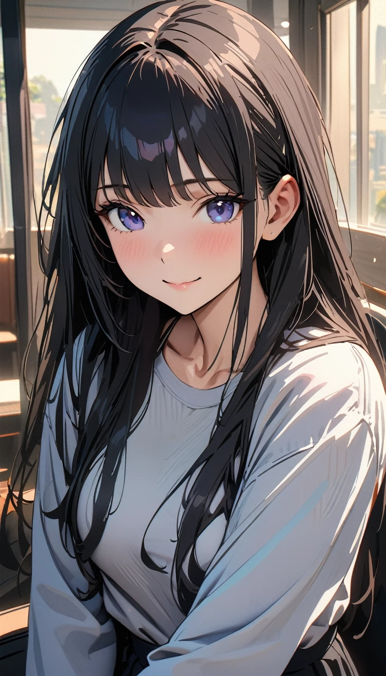 20 years old ,masterpiece , modern, Verism, masterpiece, super detail, best quality, 4K , A beautiful woman , black hair, long hair, light smile, happy
