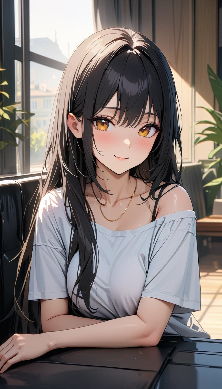 20 years old ,masterpiece , modern, Verism, masterpiece, super detail, best quality, 4K , A beautiful woman , black hair, long hair, light smile, happy