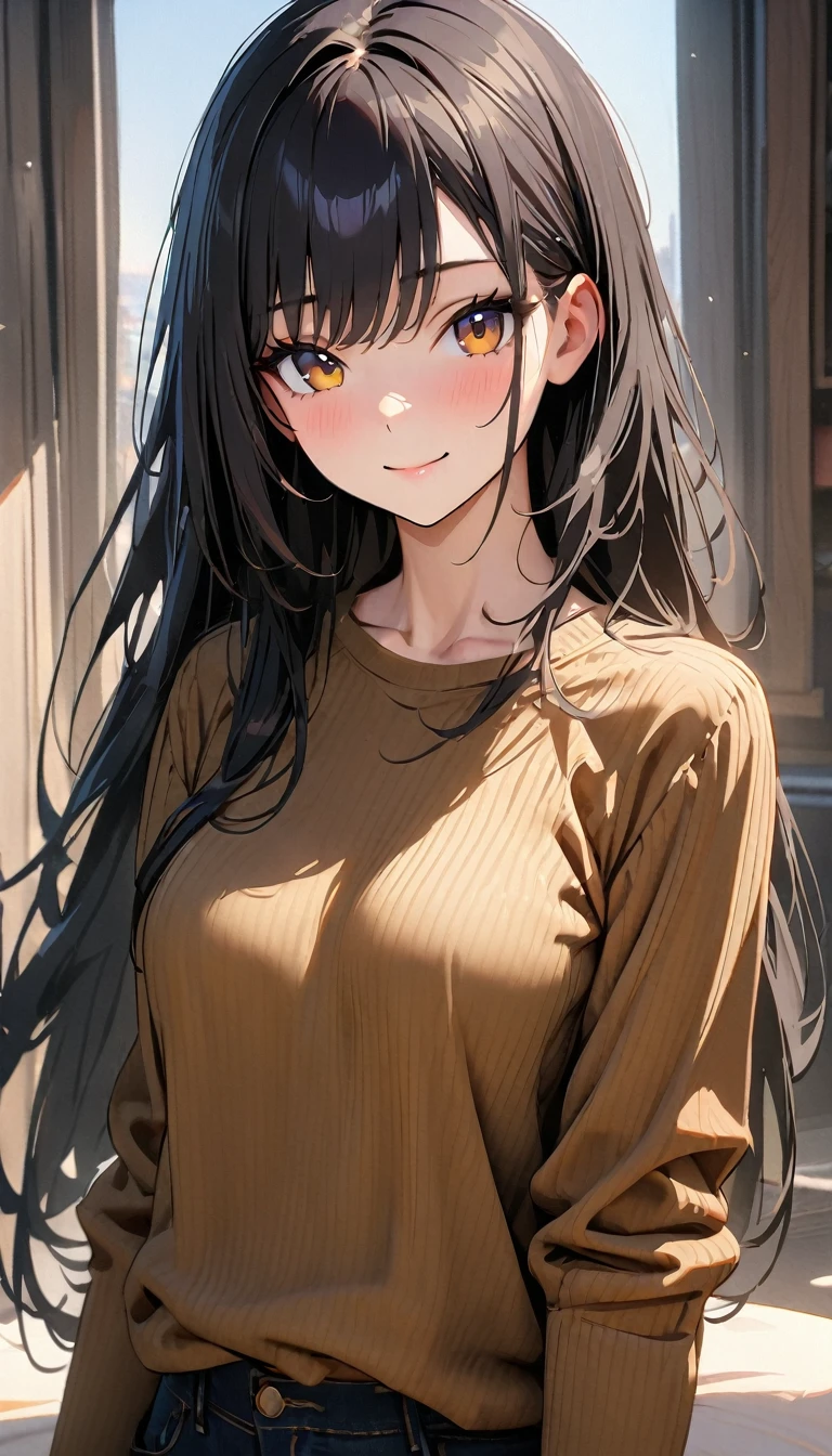 20 years old ,masterpiece , modern, Verism, masterpiece, super detail, best quality, 4K , A beautiful woman , black hair, long hair, light smile, happy
