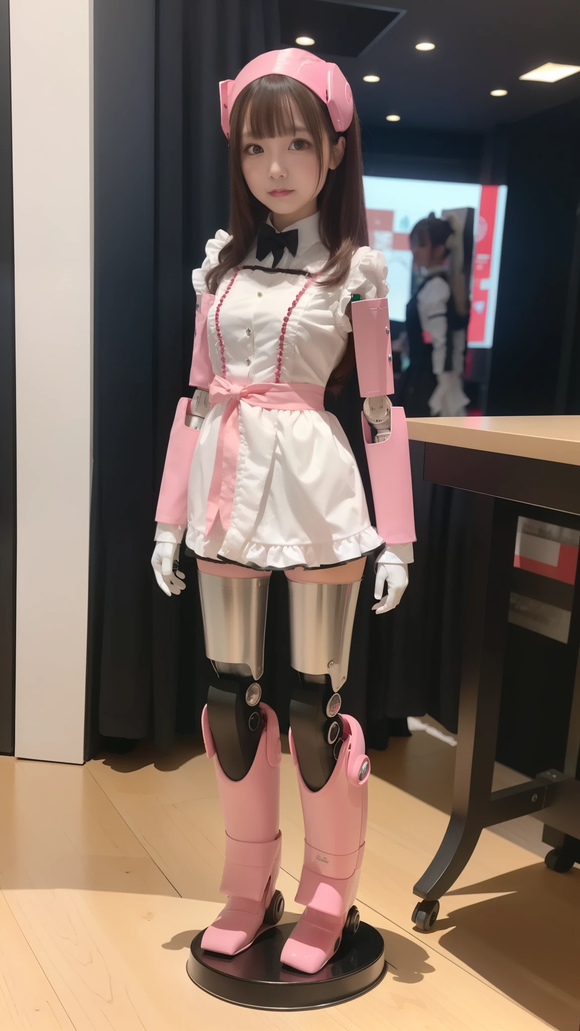 promo photo, waitresses, Gothic Lolita half costume and maid costume, Clothes based on white and pink, robot
