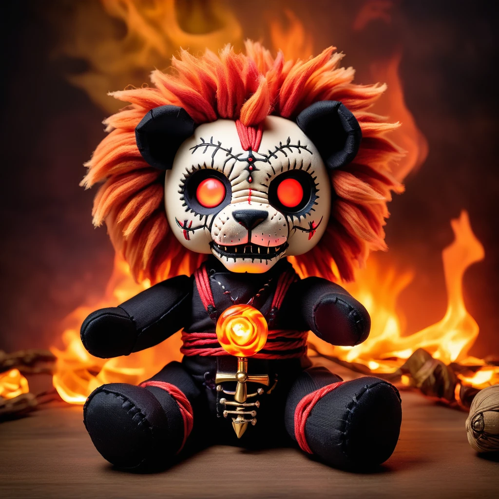 (knitted toy voodoo doll:1.7), (Voodoo Demonic Lion:1.3), (Clothing: fiery mane with glowing ember eyes:1.0), (Accessories: enchanted infernal claws, glowing flame crown, mystical fire aura:1.2), (background: burning savannah with floating, glowing embers and dark smoke:1.2), best quality, masterpiece, detailed soft oil painting, detailed background, dramatic cinematic lighting, soft edge lighting, professional, dramatic lighting, hard edge lighting, ultra quality, 4k,masterpiece, best quality, 8k, ultra highres, highres, extremely detailed