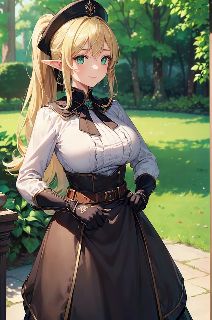 (((masterpiece; best quality: 1.2))), (finely detailed eyes: 1.3), (25 year old elf woman), (solo), (green eyes: 1.4), (body; big breasts, fit, femenine: 1.3), (silky blonde hair in low ponytail: 1.3), (beautiful and clear background: 1.2), ((depth of field)), (equipment: adventurer attire + modest + elegant wide-brimmed hat + dark blouse + dark cape + black long skirt + gloves + belt + pouches: 1.3), (anime illustration: 1.2), (background composition; royal garden: 1.1), (extremely fine and beautiful: 1.1), (shot composition; standing + centered on torso + close-up: 1.5), (expression; calm, smile: 1.2)