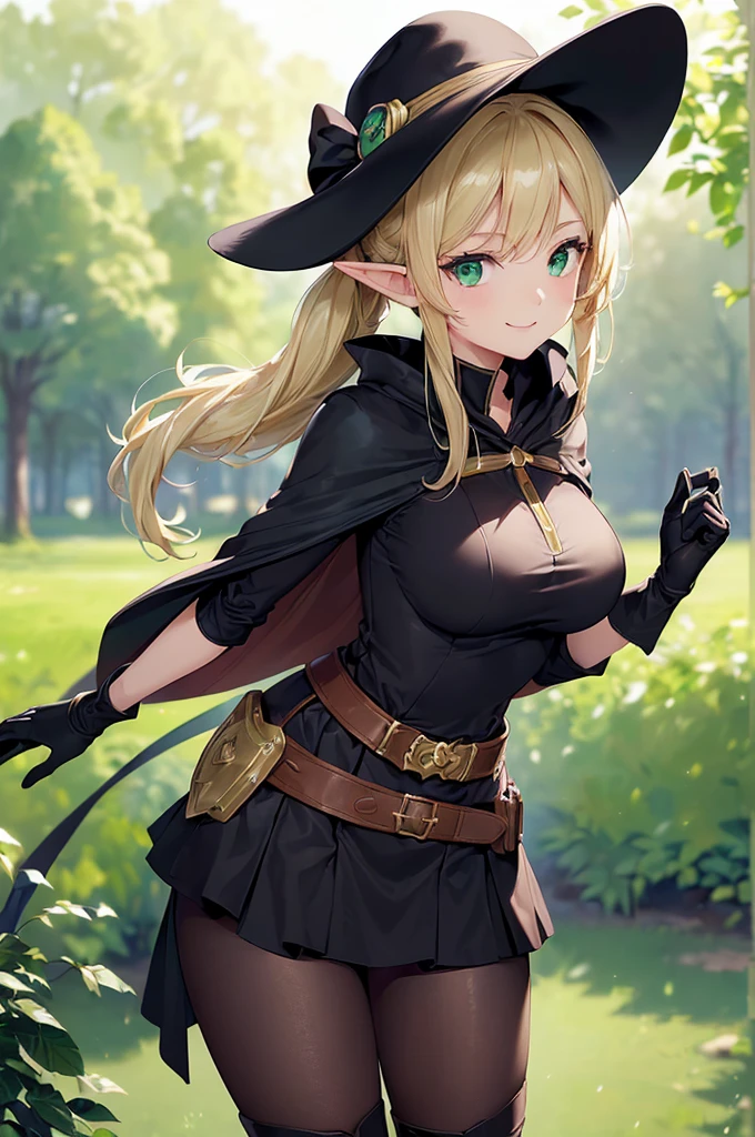 (((masterpiece; best quality: 1.2))), (finely detailed eyes: 1.3), (25 year old elf woman), (solo), (green eyes: 1.4), (body; big breasts, fit, femenine: 1.3), (silky blonde hair in low ponytail: 1.3), (beautiful and clear background: 1.2), ((depth of field)), (equipment: adventurer attire + modest + elegant wide-brimmed hat + dark blouse + dark cape + black long skirt + gloves + belt + pouches: 1.3), (anime illustration: 1.2), (background composition; royal garden: 1.1), (extremely fine and beautiful: 1.1), (shot composition; standing + centered on torso + close-up: 1.5), (expression; calm, smile: 1.2)