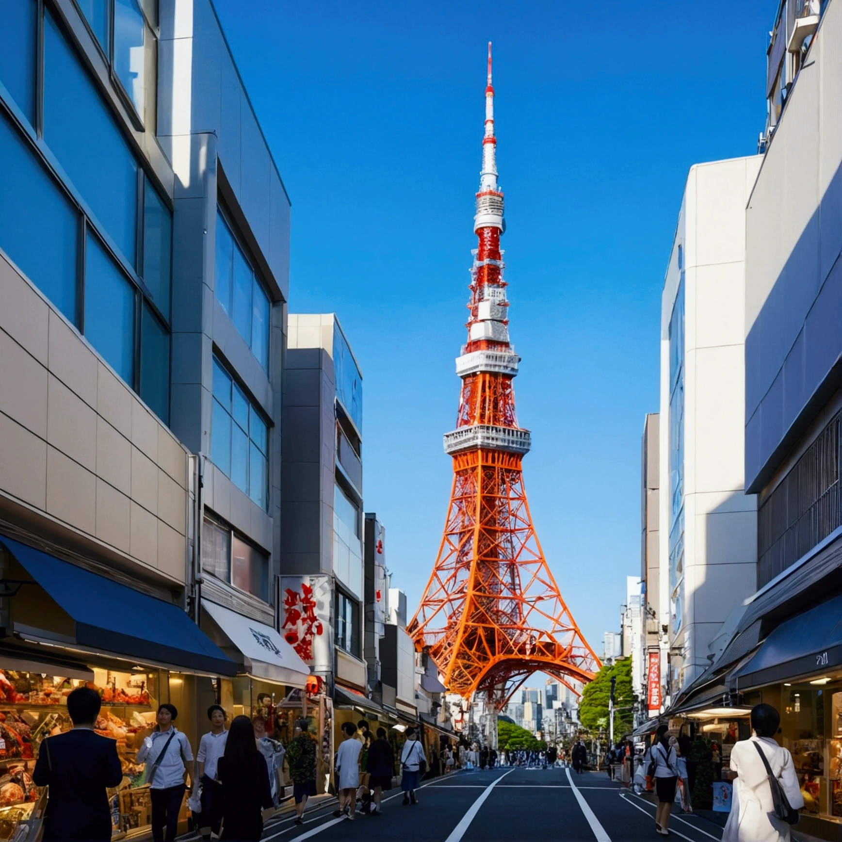 , city, , A shopping street with a view of Tokyo Tower, blue sky