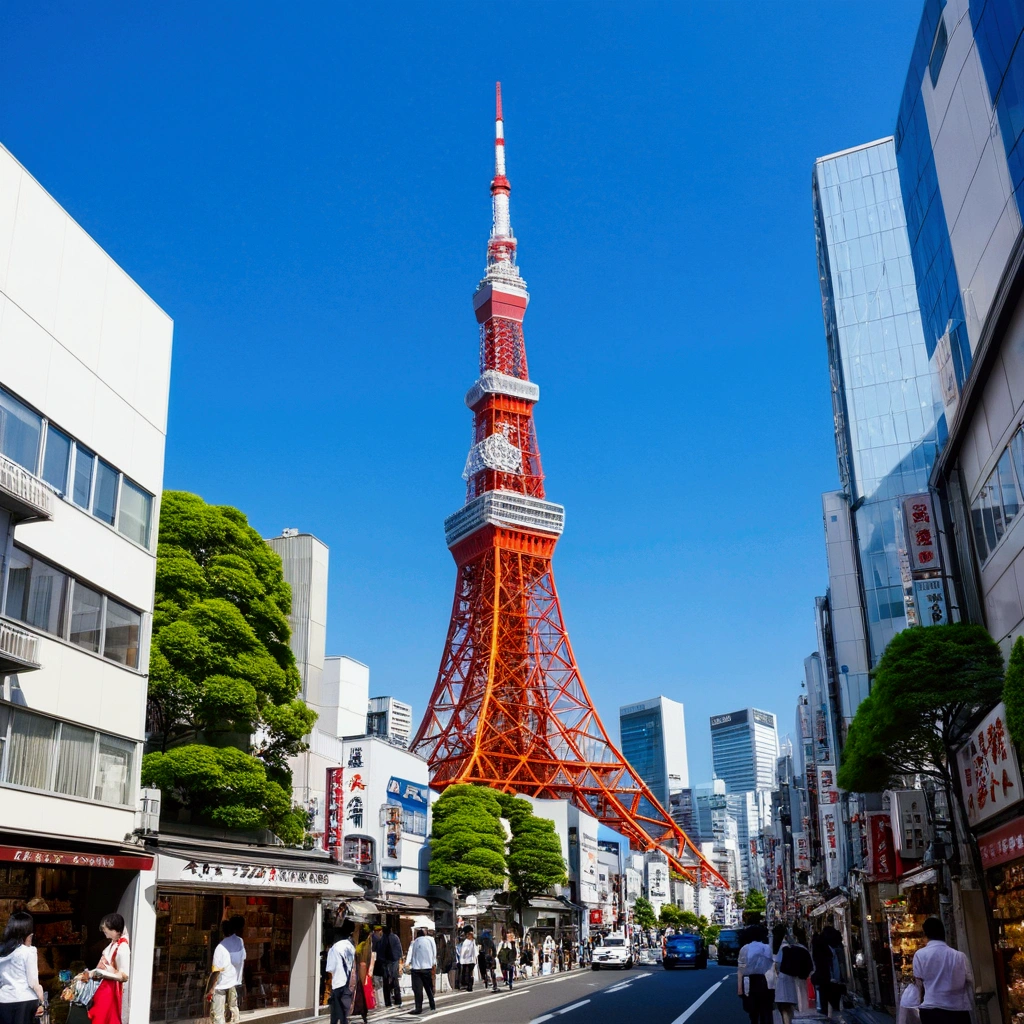 , city, , A shopping street with a view of Tokyo Tower, blue sky