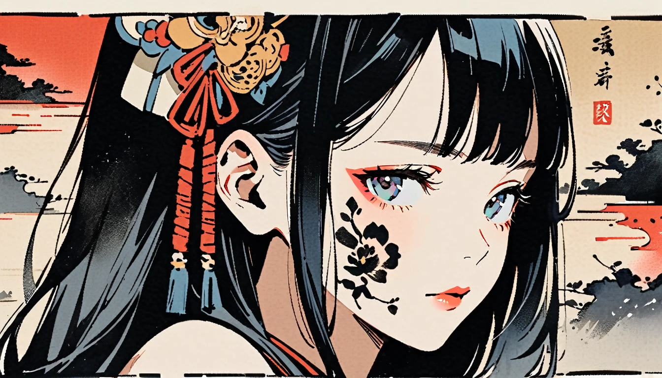 Ink Painting, (((1 girl))), (((Tattoo on face))), (((Gorgeous hair accessories))), Japanese style headphones, face close-up, Japanese beautiful girl, Black Hair, Delicate and precise, Modern ukiyo-e style