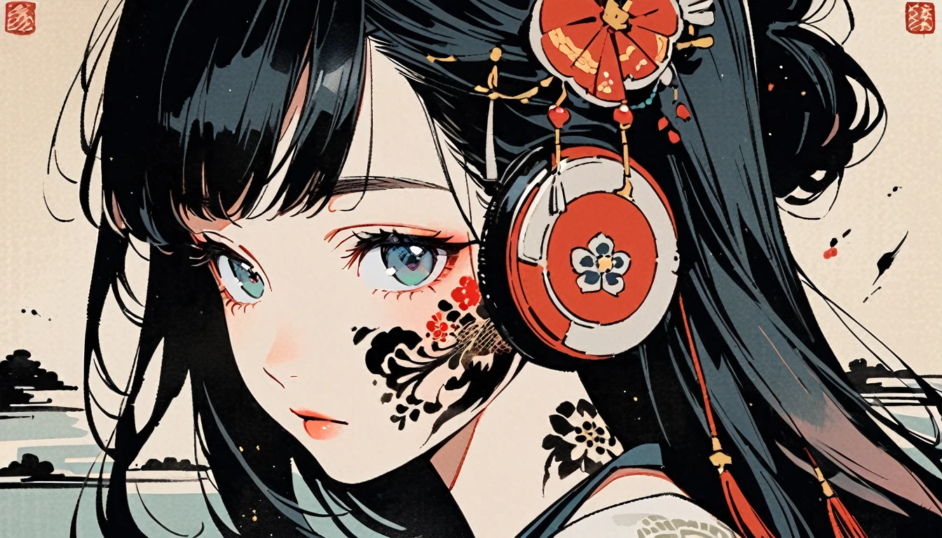 Ink Painting, (((1 girl))), (((Tattoo on face))), (((Gorgeous hair accessories))), Japanese style headphones, face close-up, Japanese beautiful girl, Black Hair, Delicate and precise, Modern ukiyo-e style