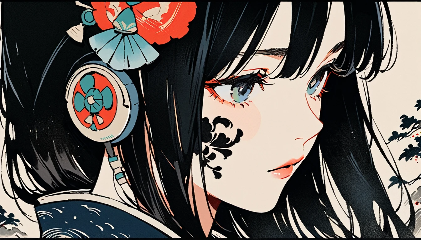 Ink Painting, (((1 girl))), (((Tattoo on face))), (((Gorgeous hair accessories))), Japanese style headphones, face close-up, Japanese beautiful girl, Black Hair, Delicate and precise, Modern ukiyo-e style