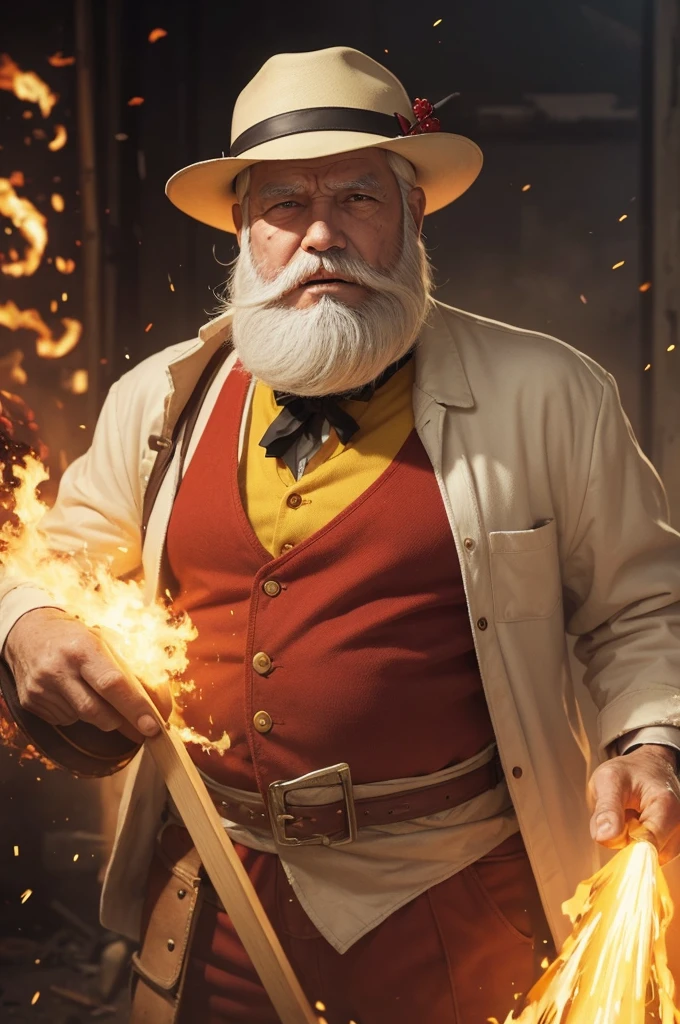 An old man with a white beard and a yellow hat,red clothes and dynamite in hand