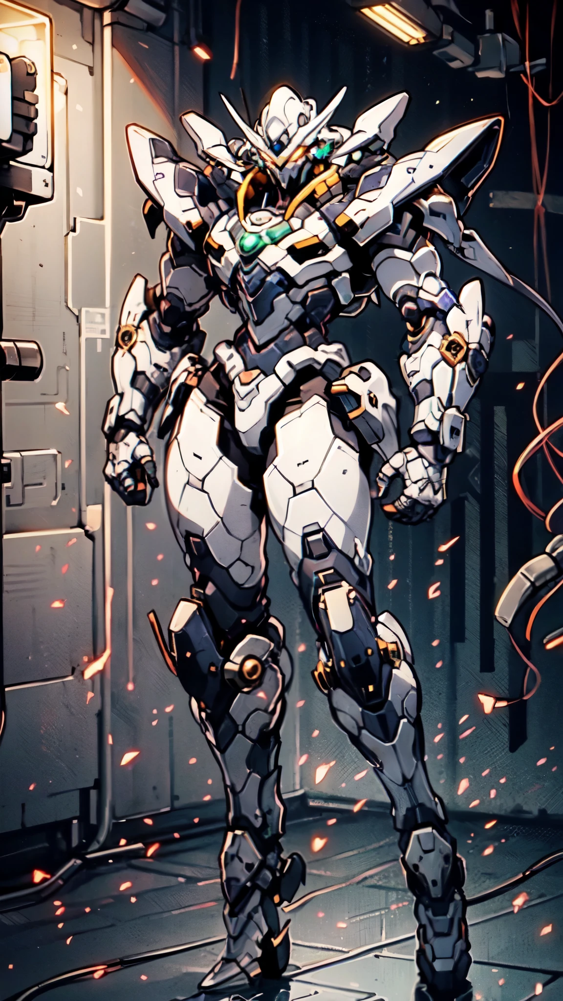 (masterpiece:1.5, best quality:1.5, extremely delicate:1.5), humanoid Mecha, fully enclosed shoulder guards, matching arm and leg guards, full body, full armor, the design balances heavy with agility, (the color scheme is primarily white with red and blue accents, the concept Inspired by Super robot, organic biotech armor, standing, floating high above the futuristic sci-fi city), exquisite and mature art style, (aura effect, energy, glowing eyes, the armor glows), metallic, dramatic, high definition, highres, ultra-detailed, ultra-fine painting, professional, perfect body proportions, anatomically correct, symmetrical face, extremely detailed eyes and face, high quality eyes, creativity, RAW photo, UHD, 32k, Natural light, cinematic lighting, masterpiece-anatomy-perfect