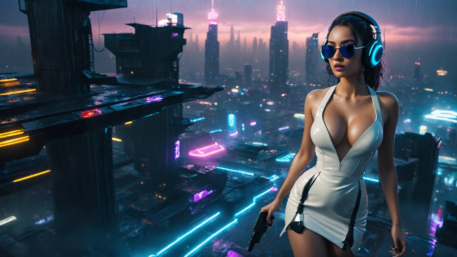 (aerial view, a flying cars docking platform, a very dark abandoned futuristic city, neon lights), rainy night. (((1girl, solo, alone))), large-breast:1.2 slim body, cleavage:1.1, sexy wind blowing wet dress:1.4, (((headphone, black sunglasses, standing and holding pistol:1.8, dynamic rushing pose))), (((((half-body thigh level medium shot))))), cinematic lighting, lens flare, ray tracing.