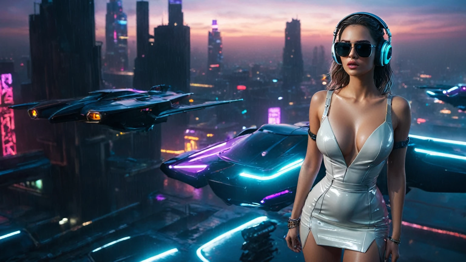 (aerial view, a flying cars docking platform, a very dark abandoned futuristic city, neon lights), rainy night. (((1girl, solo, alone))), large-breast:1.2 slim body, cleavage:1.1, sexy wind blowing wet dress:1.4, (((headphone, black sunglasses, standing and holding pistol:1.8, dynamic rushing pose))), (((((half-body thigh level medium shot))))), cinematic lighting, lens flare, ray tracing.